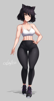 1girl alternate_costume animal_ears artist_name black_hair blake_belladonna bra breasts cat_ears cleavage_cutout clothing_cutout cslucaris grey_background hand_on_own_hip highres medium_breasts no_shirt pants rwby short_hair signature solo_focus tight_clothes tight_pants underwear white_bra yellow_eyes