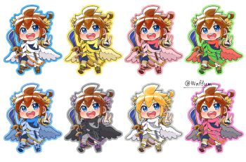 Rule 34 | 1boy, :d, ahoge, ancient greek clothes, angel, angel wings, armlet, belt, black scarf, black shorts, black wings, blonde hair, blue eyes, blue outline, blue scarf, blue wings, bracer, brown belt, brown hair, brown sandals, chibi, chibi only, commentary request, fingerless gloves, full body, fur trim, gloves, gold armlet, gold thighlet, greco-roman clothes, grey wings, hair between eyes, holding, holding sword, holding weapon, jewelry, kid icarus, kid icarus uprising, laurel crown, male focus, nintendo, official alternate color, open mouth, outline, pink scarf, pink wings, pit (kid icarus), red scarf, red wings, sandals, scarf, short hair, shorts, sidelocks, smile, spiked hair, super smash bros., sword, thighlet, twitter username, undershirt, v, v-shaped eyebrows, waffuum, weapon, white scarf, wings, yellow scarf, yellow wings