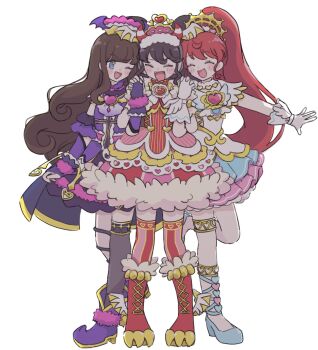 Rule 34 | 3girls, :d, ^ ^, backlighting, black hair, blue eyes, blue shoes, boots, brown hair, cha (ntrikti), closed eyes, commentary request, dress, fang, fangs, full body, gaaruru (pripara), gloves, highres, holding hands, idol clothes, interlocked fingers, kurosu aroma, long hair, looking at another, multiple girls, one eye closed, open mouth, ponytail, pretty series, pripara, purple boots, purple dress, red boots, red dress, red hair, shiratama mikan, shoes, simple background, smile, standing, standing on one leg, thighhighs, very long hair, white background, white dress