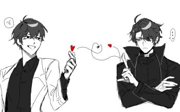 ... 2boys :d black_coat black_hair black_shirt coat crossed_arms finger_heart flick grin highres kim_dokja looking_at_another male_focus multiple_boys omniscient_reader&#039;s_viewpoint open_clothes open_coat open_mouth plu_awk shirt short_hair smile spoken_ellipsis spoken_expression upper_body white_coat yoo_joonghyuk