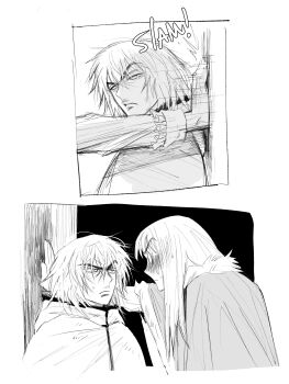 2boys absurdres canute closed_mouth eyebrows_hidden_by_hair face-to-face flrrrrr222222 frilled_sleeves frills frown fur_trim hand_on_wall highres looking_at_another male_focus messy_hair monochrome motion_lines multiple_boys panels shaded_face sweat sweatdrop thorfinn vinland_saga