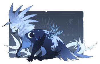 animal_ears animal_focus artist_name beak blue_feathers blue_fur claws crescent feathered_wings feathers grey_background highres immorthis multiple_wings no_humans original reference_sheet simple_background sitting star_(symbol) watermark white_background wings