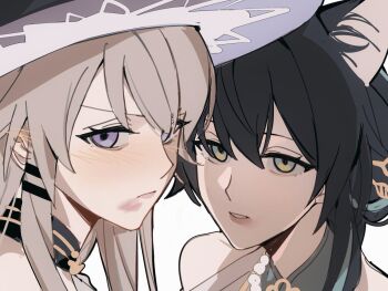 Rule 34 | 2girls, after kiss, animal ear fluff, bead necklace, beads, black hair, blush, brown hair, detached collar, green eyes, hair ornament, hairclip, hashtag-only commentary, herta (honkai: star rail), highres, honkai: star rail, honkai (series), jewelry, kabokwa, kemonomimi mode, lipstick mark, multiple girls, necklace, parallel hairclips, purple eyes, ruan mei (honkai: star rail), the herta (honkai: star rail), yuri