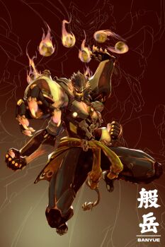 Rule 34 | 1boy, absurdres, artificial eye, artworkspg, banyue (zenless zone zero), brown background, claws, clenched hands, clothed robot, clothes around waist, commentary, commentary request, english commentary, extra arms, fire, floating ball, full body, glowing, glowing eyes, grey hair, grey tail, highres, humanoid robot, looking at viewer, male focus, mechanical eye, mechanical hands, mechanical tail, metal skin, mixed-language commentary, open mouth, orb, robot, robot boy, solo, sparkle, tail, zenless zone zero