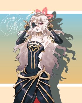 Rule 34 | 1girl, animal ears, arm up, armpits, artist name, bat girl, bat wings, black bodysuit, black lips, blue background, bodysuit, breasts, chibi, chibi inset, commentary, elm (fire emblem), embla (fire emblem), eyepatch, fire emblem, fire emblem heroes, gold trim, gradient background, halo, highres, lace-trimmed eyepatch, light blush, lipstick, long hair, low wings, makeup, metal gloves, nintendo, pointy ears, red eyes, red halo, shadow, skinny, small breasts, solo, tamaoi oi, unkempt, very long hair, watermark, wings, wings over eyes, yellow background