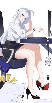 1girl absurdres blush desk feet grey_hair guhuabingwu highres long_hair looking_at_viewer miniskirt office_lady parted_lips shoe_dangle skirt yellow_eyes yixuan_(zenless_zone_zero) zenless_zone_zero
