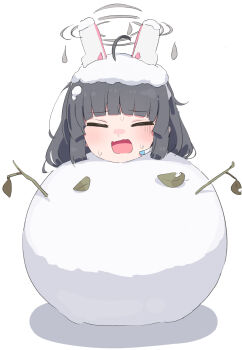 Rule 34 | 1girl, alternate costume, black hair, blue archive, closed eyes, csham, highres, miyu (blue archive), simple background, snowman, solo, white background