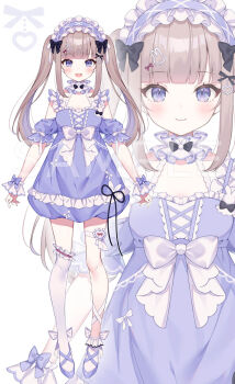 1girl :d asymmetrical_legwear black_bow blush bow breasts brown_hair closed_mouth commentary_request detached_sleeves different_zoom_layer dress frilled_hairband frills full_body hair_bow hair_ornament hairband heart heart_hair_ornament highres indie_virtual_youtuber looking_at_viewer medium_breasts multicolored_hair nemupipi_(vtuber) open_mouth purple_bow purple_dress purple_eyes purple_hair purple_hairband purple_shoes purple_sleeves rabbit_hair_ornament sample_watermark shoes short_sleeves sidelocks simple_background single_sock single_thighhigh sleeveless sleeveless_dress smile socks standing tatejima_uri thighhighs twintails two-tone_hair uneven_legwear virtual_youtuber waist_bow watermark white_background white_bow white_socks white_thighhighs wrist_cuffs