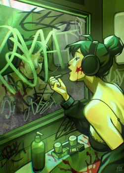 1girl ahoge applying_makeup applying_own_makeup black_camisole black_hair black_jacket blood blood_on_face breasts camisole cleavage commentary english_commentary gluca graffiti hair_bun headphones highres jacket medium_breasts mirror off_shoulder original signature single_hair_bun sink soap_bottle solo upper_body