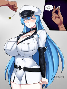 Rule 34 | 1boy, 1girl, :o, akame ga kill!, allbeatnik, artist name, belt, black belt, black choker, blue eyes, blue hair, blush, breast pocket, breasts, choker, cleavage, clenched hand, coin, coin on string, cowboy shot, cut-in, dark-skinned male, dark skin, english text, esdeath, fingerless gloves, gloves, hat, highres, huge breasts, hypnosis, impossible clothes, jacket, long hair, mind control, pendulum, pocket, shirt, simple background, snapping fingers, solo focus, speech bubble, standing, sweat, tattoo, thighhighs, unusual pupils, very long hair, white jacket, white shirt