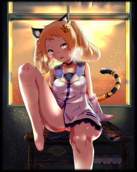 1girl animal_ears bare_legs barefoot bee_sang_(ms0603749) black_choker blonde_hair blush breasts cat_ears cat_tail choker collarbone desk dress dust electric_plug electric_plug_tail fangs female_focus fingerless_gloves glint gloves hair_ornament highres hoonie_(hoonie_friends) hoonie_friends looking_at_viewer no_panties open_mouth panda pantyhose plug pussy saliva school_desk shirt sitting sitting_on_table sleeveless sleeveless_shirt solo sticker sweatdrop table tail tiger_ears tiger_hair_ornament tooth virtual_youtuber window yellow_eyes