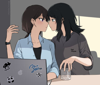 2girls bang_dream! bang_dream!_it's_mygo!!!!! black_shirt blue_eyes blue_jacket blush brown_hair chinese_commentary commentary_request computer cup earclip eye_contact face-to-face grey_shirt imminent_kiss jacket jewelry laptop long_hair looking_at_another low_ponytail multiple_girls necklace open_mouth ponytail purple_eyes rankaku shiina_taki shirt short_sleeves watch wristwatch yahata_umiri yuri