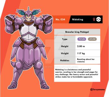 Rule 34 | 1girl, androgynous, animal ears, armor, artist name, blank eyes, breastplate, character name, character profile, clenched hand, cuirass, deviantart logo, deviantart username, english text, fake horns, faulds, full body, gen 1 pokemon, genderswap, genderswap (mtf), greaves, hands up, helmet, highres, horned helmet, horns, nidoking, nintendo, orange background, pauldrons, personification, pink armor, pokedex number, pokemon, pokemon sword and shield, poleyn, sabaton, shoulder armor, smirk, solo, spiked gauntlets, spiked pauldrons, spikes, tail, taruyamame, venus symbol