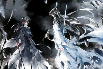 2boys arms_at_sides black_hair black_hanfu black_robe blindfold blue_sash brown_eyes chinese_clothes chinese_commentary facing_away feet_out_of_frame hair_between_eyes hanfu high_ponytail holding holding_sword holding_weapon jian_(weapon) light_particles long_hair long_sleeves looking_at_another male_focus modao_zushi multiple_boys ponytail reverse_grip robe sash shards standing sword topknot watermark weapon weibo_watermark white_hanfu white_robe wide_sleeves xiao_guan_(headdress) xiao_xiao_zuowen xiao_xingchen xue_yang
