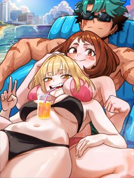 1boy 2girls :&gt; absurdres beach beach_chair between_breasts bikini black-framed_eyewear black_bikini blonde_hair blue_sky blush blush_stickers boku_no_hero_academia breasts brown_hair building city commentary commission drinking_straw earrings fangs glass green_hair hair_down hand_up head_between_breasts highres horizon jewelry large_breasts looking_at_viewer midoriya_izuku midriff multiple_girls navel ocean outdoors pink_bikini reclining scar scar_on_arm sky skyscraper smile spanish_commentary spread_legs sunglasses swimsuit thighs toga_himiko uraraka_ochako v vlizzyvlizz117
