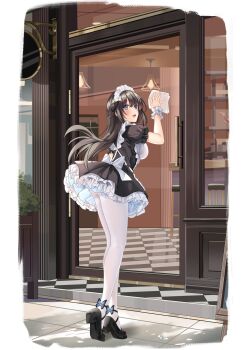 black_hair blue_eyes blush butterfly_ornament cleaning cleaning_windows embarrassed highres long_hair maid mary_janes nose_blush original panties pantyhose shoes underwear white_pantyhose window youlancangkong