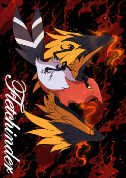 absurdres animal_focus bird black_background black_eyes bright_pupils character_name commentary_request embers fire fletchinder full_body gen_6_pokemon highres nintendo no_humans pokemon pokemon_(creature) sideways solo t0k0d18 white_pupils