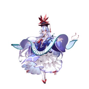 1girl adapted_costume black_hat black_shoes blue_dress blue_hair blue_hat dress frilled_dress frills full_body game_cg hair_between_eyes hat highres kamishirasawa_keine long_hair long_sleeves looking_at_viewer multicolored_hair non-web_source official_art open_mouth pantyhose red_eyes scroll second-party_source shoes smile solo touhou touhou_gensou_eclipse transparent_background two-tone_hair u_u_zan very_long_hair white_dress white_hair white_pantyhose wide_sleeves