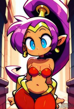 Rule 34 | 1girl, aijalon, arms behind back, artist name, bandana, bare shoulders, black choker, blue eyes, breasts, choker, cleavage, closed mouth, commentary, cowboy shot, earrings, english commentary, gold bracer, gold earrings, gold trim, hair tubes, highres, jewelry, light blush, long hair, looking at viewer, medium breasts, midriff, navel, pants, parted bangs, pointy ears, ponytail, purple hair, red bandana, red pants, shantae, shantae (series), solo, thigh gap, tiara