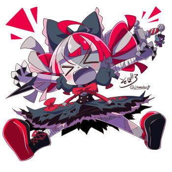 &gt;_&lt; 1girl :d ahoge artist_name asymmetrical_footwear bandaged_arm bandaged_leg bandages black_boots black_bow black_corset black_dress black_nails black_ribbon boots bow buttons charm_(object) chibi chibi_only claw_pose closed_eyes colored_shoe_soles colored_skin commentary corset cut_bangs dot_nose double-breasted double_bun dress dress_bow facing_viewer fangs fingernails frilled_bow frills furrowed_brow grey_hair grey_skin grey_tongue hair_bow hair_bun highres hololive hololive_indonesia impaled kureiji_ollie kureiji_ollie_(1st_costume) lace-up_boots layered_dress legs_apart mary_janes midair mismatched_footwear multicolored_hair multicolored_skin notice_lines object_through_head open_mouth outstretched_arms patchwork_skin pink_hair puffy_short_sleeves puffy_sleeves red_bow red_hair red_ribbon red_shoes ribbon sarashi sharp_fingernails shoes short_sleeves simple_background smile soboro_(jitome_dan) solo spread_arms stitched_arm stitched_face stitched_leg stitched_torso stitches sword sword_in_head teeth torn_clothes torn_dress twitter_username two-tone_skin udin_(kureiji_ollie) uneven_footwear upper_teeth_only v-shaped_eyebrows virtual_youtuber weapon white_background white_hair white_skin wide_mouth wrist_ribbon zombie