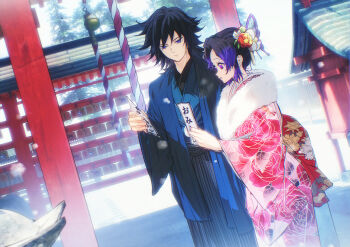 1boy 1girl absurdres architecture black_hair blue_eyes blue_haori butterfly_hair_ornament closed_mouth colored_tips commentary_request cowboy_shot east_asian_architecture floral_print floral_print_kimono flower fur-trimmed_kimono fur_trim furisode hair_between_eyes hair_flower hair_ornament haori highres japanese_clothes kimetsu_no_yaiba kimono kochou_shinobu light_smile long_hair low_ponytail medium_hair multicolored_hair niku_(ni23ku) parted_bangs parted_lips pink_kimono ponytail print_kimono purple_eyes purple_hair red_flower shrine sidelocks tomioka_giyuu updo white_flower