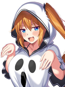 1girl absurdres blue_eyes blush breasts choukou_(alicesoft) choukou_taisen_escalation_heroines ghost_print highres hood hood_up horosuke ichinose_yurippe large_breasts long_hair looking_at_viewer open_mouth orange_hair shirt short_sleeves side_ponytail simple_background smile solo white_background white_shirt