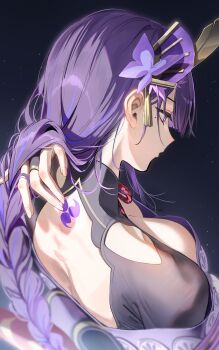 Rule 34 | 1girl, absurdres, back, back tattoo, black background, braid, breasts, bridal gauntlets, cleavage, commentary, flower, from above, from behind, genshin impact, highres, iop5509, japanese clothes, kimono, large breasts, long hair, looking ahead, low-braided long hair, low-tied long hair, low neckline, mole, mole under eye, nape, purple eyes, purple flower, purple hair, purple kimono, raiden shogun, shrug (clothing), solo, tattoo, tomoe (symbol)