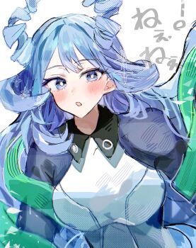 :o blue_eyes blue_hair blush bodysuit boku_no_hero_academia bright_pupils drill_hair hado_nejire highres jkhada8ybj36753 long_hair open_mouth romaji_text sparkle superhero_costume upper_body white_background white_pupils