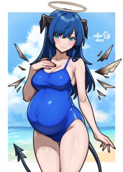 absurdres arknights artist_logo artist_name beach blue_hair blue_one-piece_swimsuit blush breasts cleavage closed_mouth covered_navel cowboy_shot demon_horns detached_wings gluteal_fold halo hand_on_own_chest hand_on_own_hip highres horns logo long_hair medium_breasts mostima_(arknights) one-piece_swimsuit pregnant rotomdocs smile swimsuit tail traditional_halo wings