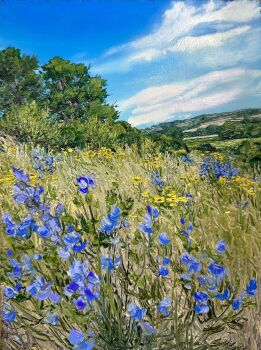 Rule 34 | blue sky, cloud, commentary, day, england, english commentary, flower, grass, highres, impressionism, kate avery, oil painting (medium), original, outdoors, painting (medium), real world location, scenery, sky, traditional media, tree, w, yellow flower