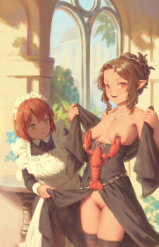 2girls animal bigrbear black_dress breasts dress green_eyes highres lobster looking_at_viewer maid maid_headdress medium_breasts multiple_girls open_mouth original outdoors pussy red_eyes red_hair short_hair smile standing uncensored