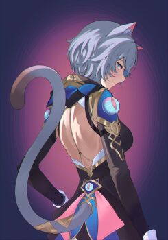 1girl absurdres animal_ear_fluff animal_ears blue_eyes breasts cat_ears cat_tail cipher_(honkai:_star_rail) clothing_cutout from_behind grey_hair hashtag-only_commentary highres honkai:_star_rail honkai_(series) hood leotard medium_breasts noxic pink_background solo tail