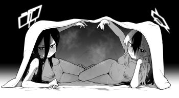 2girls asahina_yoshitoshi blue_archive blush breasts closed_mouth commentary_request completely_nude fingernails greyscale hair_between_eyes halo highres kayoko_(blue_archive) kei_(blue_archive) looking_at_viewer lying medium_breasts monochrome multicolored_hair multiple_girls navel nipples nude on_side smile two-tone_hair under_covers