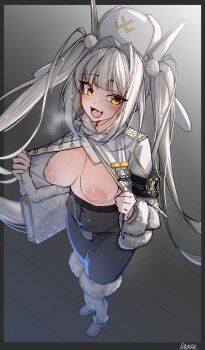 1girl bag black_pantyhose blanc_(fortune_express)_(nikke) blanc_(nikke) boots breasts goddess_of_victory:_nikke hair_intakes handbag hat highres jacket large_breasts long_hair long_sleeves looking_at_viewer nipples open_clothes open_jacket open_mouth panties panties_under_pantyhose pantyhose smile solo standing thigh_boots thighhighs tilt-shift_(azalanz) twintails underwear white_boots white_hair white_hat white_jacket white_panties white_thighhighs yellow_eyes