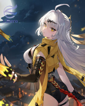 1girl ahoge architecture artist_logo artist_name ass asymmetrical_gloves black_gloves black_unitard blurry blurry_background blush breasts building cloud coin coin_on_string commentary cropped east_asian_architecture elbow_gloves english_commentary fingerless_gloves from_side gloves hair_between_eyes hair_ornament hairpin hand_up highres jacket large_breasts libero_art logo long_hair looking_at_viewer looking_back moon night night_sky ofuda parted_lips single_elbow_glove single_hair_intake sky solo star_(sky) starry_sky tassel thigh_strap uneven_gloves white_hair yellow_eyes yellow_jacket yin_yang_pin yixuan_(zenless_zone_zero) zenless_zone_zero