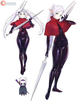 2girls absurdres black_bodysuit bodysuit chibi chibi_inset cloak commentary cosplay covered_navel dismaiden fern_(sousou_no_frieren) frieren full_body green_eyes highres holding holding_mask holding_weapon hollow_knight hollow_knight:_silksong horned_mask hornet_(hollow_knight) hornet_(hollow_knight)_(cosplay) knight_(hollow_knight) knight_(hollow_knight)_(cosplay) long_hair looking_at_viewer mask multiple_girls multiple_views patreon_username pointy_ears purple_hair red_cloak simple_background sousou_no_frieren standing twintails weapon white_background