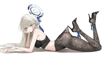 1girl 4meart0112 absurdres black_bra black_pantyhose black_shoes blonde_hair blue_archive blue_eyes blue_halo blush bra braid closed_mouth from_side half_up_braid halo high_heels highres lace lace-trimmed_bra lace_pantyhose lace_pantyhose_hooked_on_heel_(meme) lace_trim long_hair meme no_panties pantyhose shoes smile solo toki_(blue_archive) underwear