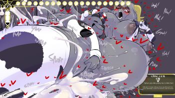 1boy 1girl animal_ears ass blush breasts butler_(pseudoregalia) christmas colored_skin cum cum_in_pussy dialogue_box english_text excessive_cum fakeryway grey_background grey_fur grey_skin heart horns huge_ass huge_penis inflation lying medium_breasts nipples on_person partially_undressed penis pseudoregalia sex sex_from_behind simple_background size_difference stomach_bulge sybil_(pseudoregalia) thighhighs vaginal veins veiny_penis