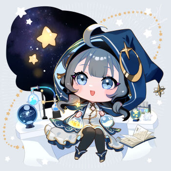 1girl :d ahoge black_pantyhose blue_boots blue_eyes blue_hat blue_jacket blush_stickers book boots chibi chibi_only commentary_request dress fang flask full_body grey_hair hat highres holding holding_flask jacket long_hair long_sleeves mamo_(fortune-mm) open_book open_clothes open_jacket open_mouth original pantyhose round-bottom_flask sitting smile solo star-shaped_pupils star_(symbol) symbol-shaped_pupils white_dress witch_hat