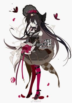 1girl bare_shoulders belt belt_buckle black_belt black_bow black_bowtie black_butterfly black_corset black_headwear black_shoes black_skirt black_sleeves bonnet bouquet bow bowtie brown_hair buckle bug butterfly buttons chinese_commentary closed_mouth commentary_request commission compass_rose corset detached_sleeves flower flower_in_eye footwear_bow full_body goth_fashion grey_shirt hair_flower hair_ornament highres holding holding_bouquet huasha insect lace-trimmed_headwear lace_trim leg_belt long_hair long_sleeves looking_at_viewer mary_janes miniskirt multiple_belts newspaper one-eyed original pantyhose paper_stack petals pink_pantyhose red_flower red_rose ribbon rose rose_petals shirt shoes sidelocks simple_background skirt sleeve_ribbon sleeveless sleeveless_shirt smile solo striped_bow striped_bowtie striped_clothes striped_shirt symbol_in_eye thigh_belt thigh_strap vertical-striped_clothes vertical-striped_shirt watermark weibo_watermark white_background white_flower white_rose yellow_ribbon
