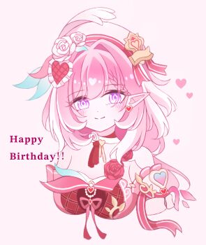 1girl beret breasts commentary_request cropped_torso diamond-shaped_pupils diamond_(shape) dress earrings elf elysia_(hi_love_elf)_(honkai_impact) elysia_(honkai_impact) happy_birthday hat heart heart_earrings highres honkai_(series) honkai_impact_3rd jewelry kumanoko963 large_breasts long_hair looking_at_viewer multicolored_hair pink_hair pointy_ears purple_eyes red_dress smile solo symbol-shaped_pupils two-tone_hair very_long_hair white_background white_hair