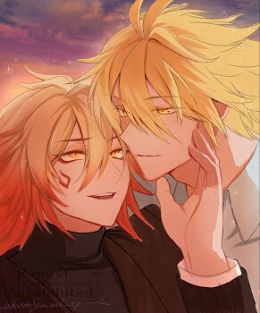 2boys alternate_costume antenna_hair black_coat black_sweater blonde_hair braid coat collared_shirt commentary_request facial_tattoo gradient_hair highres honkai:_star_rail honkai_(series) male_focus medium_hair multicolored_hair multiple_boys mydei_(honkai:_star_rail) phainon_(honkai:_star_rail) phainon_(khaslana)_(honkai:_star_rail) red_hair red_tattoo shirt shishigami_tg short_hair side_braid sweater tattoo turtleneck turtleneck_sweater white_shirt yaoi yellow_eyes