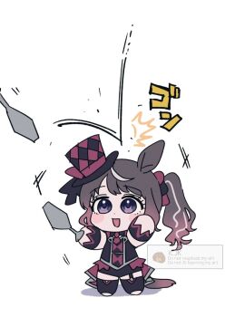 1girl animal_ears black_shirt black_shorts black_thighhighs blue_eyes blush blush_stickers breasts brown_hair chibi circus fig_(lchijiku) garter_straps hair_ornament hair_scrunchie halloween halloween_costume hat holding_juggling_club horse_ears horse_girl horse_tail juggling juggling_(soccer) long_hair looking_at_viewer multicolored_hair necktie official_alternate_costume open_mouth ponytail scrunchie shirt short_necktie shorts simple_background smile solo streaked_hair tail thighhighs top_hat tosen_jordan_(highkey_hallowed)_(umamusume) tosen_jordan_(umamusume) umamusume white_hair