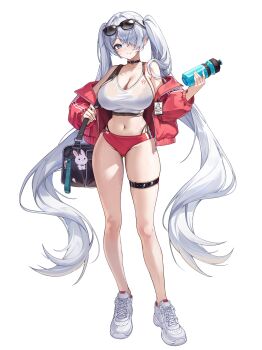 1girl absurdres bag bare_legs bare_shoulders belt black_bra black_choker blue_eyes bra bra_visible_through_clothes breasts buruma choker cinderella_(nikke) cleavage closed_mouth collarbone commentary crop_top duffel_bag english_commentary eyewear_on_head full_body goddess_of_victory:_nikke gym_uniform hair_over_one_eye heart heart_choker highleg highres id_card jacket large_breasts long_hair long_sleeves looking_at_viewer midriff navel off_shoulder open_clothes open_jacket panty_straps pekoku_(tamago_sushi) puffy_long_sleeves puffy_sleeves red_buruma red_jacket see-through_clothes shirt shoes side-tie_peek simple_background skindentation sleeveless sleeveless_shirt smile sneakers solo spaghetti_strap sports_bra standing stomach sunglasses sweat thigh_belt thigh_strap thighs underwear very_long_hair wet wet_clothes wet_shirt white_background white_hair white_shirt white_shoes