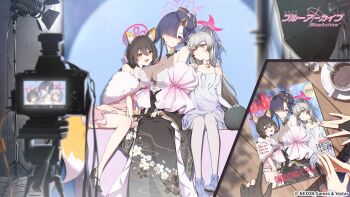 3girls animal_ears blonde_hair blue_archive book brown_hair camera cup dress english_text fingerless_gloves fox_ears gloves grey_hair height_difference high_heels izuna_(dress)_(blue_archive) japanese_text michiru_(dress)_(blue_archive) multicolored_hair multiple_girls pink_dress purple_hair sitting tsukuyo_(dress)_(blue_archive) twitter two-tone_hair white_dress yo_na