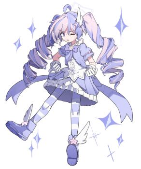 1girl :d ahoge blue_archive bow bowtie dress four-pointed_star full_body gloves hair_ornament halo highres juliet_sleeves long_sleeves magical_girl mibashi_(hash1_bam1) multicolored_hair one_eye_closed open_mouth pink_hair puffy_sleeves purple_eyes purple_hair reisa_(blue_archive) reisa_(magical)_(blue_archive) shoes simple_background skirt smile solo star_(symbol) star_hair_ornament star_symbol_background twintails two-tone_hair two-tone_pantyhose white_background wing_hair_ornament winged_shoes wings
