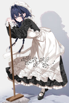 1girl absurdres apron black_dress black_shoes blue_eyes blue_hair braid broom commentary dress embroidered_dress english_commentary fanged_bangs frilled_apron frilled_hat frills full_body hair_intakes hair_over_shoulder hat highres holding holding_broom hololive hololive_english juliet_sleeves leaning_forward long_dress long_hair long_sleeves looking_at_viewer low_twin_braids maid maid_apron mary_janes mob_cap mogu_(au1127) official_alternate_costume official_alternate_hairstyle ouro_kronii ouro_kronii_(maid) puffy_sleeves shoes simple_background solo twin_braids victorian_maid virtual_youtuber white_apron white_hat