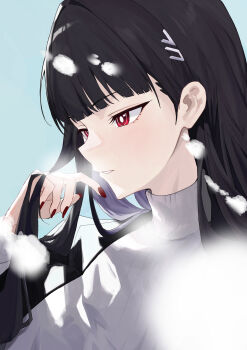 1girl absurdres black_hair blue_archive breasts halo hand_in_own_hair hashtag-only_commentary highres icetabetaaii large_breasts long_hair looking_to_the_side millennium_science_school_logo nail_polish red_eyes rio_(blue_archive) smile snowing solo sweater white_sweater