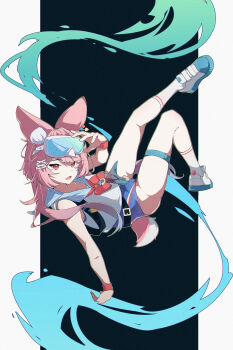 1girl anchor_symbol animal_ears aqua_hair aqua_shoes belt black_background black_belt blue_one-piece_swimsuit blue_sailor_collar bow bowtie collarbone commentary competition_swimsuit crop_top full_body goggles goggles_on_head gradient_hair highres karin_(stella_sora) legs long_hair looking_at_viewer multicolored_hair multicolored_shoes one-piece_swimsuit open_mouth pink_hair postalworks rabbit_ears rabbit_girl rabbit_tail red_bow red_eyes sailor_collar shirt shoes sidelocks simple_background sleeveless sleeveless_shirt sneakers socks solo stella_sora swimsuit tail thigh_strap thighs two-tone_shoes white_background white_shirt white_shoes white_socks wristband