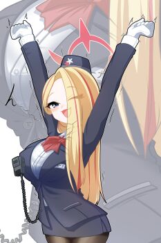 1girl absurdres arms_up black_hat black_pantyhose blonde_hair blue_archive bow bowtie breasts fang garrison_cap gloves halo hat highres jungandang large_breasts long_hair looking_at_viewer official_alternate_costume one_eye_closed pantyhose pencil_skirt pina_(blue_archive) pina_(guide)_(blue_archive) red_bow red_bowtie red_halo skin_fang skirt solo stretching tour_guide trembling walkie-talkie white_gloves winged_halo zoom_layer